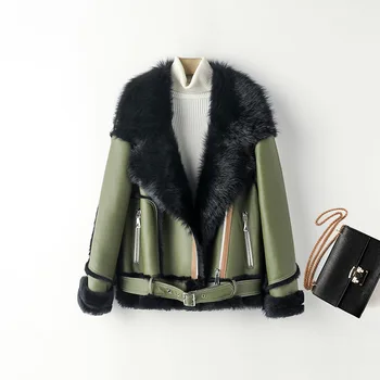 Custom winter short coats and jackets women green leather fur jacket coat