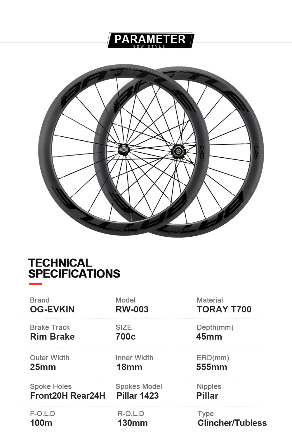 Ogevkin Rw003v Carbon Wheels Clincher Tubless 45mm Depth 25mm Outer
