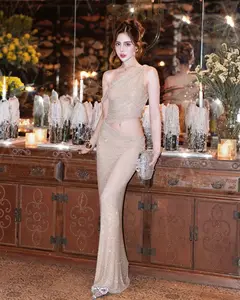 High Quality Women's Clothing Wholesale Fashionable Rhinestone Off-shoulder Hollow Waist Fishtail Sleeveless Evening Dress