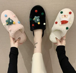 Hot Selling Women's Christmas Shape Plush for Slippers Winter Home Indoor Fur Style Non-Slip PVC Outsole for Father Christmas