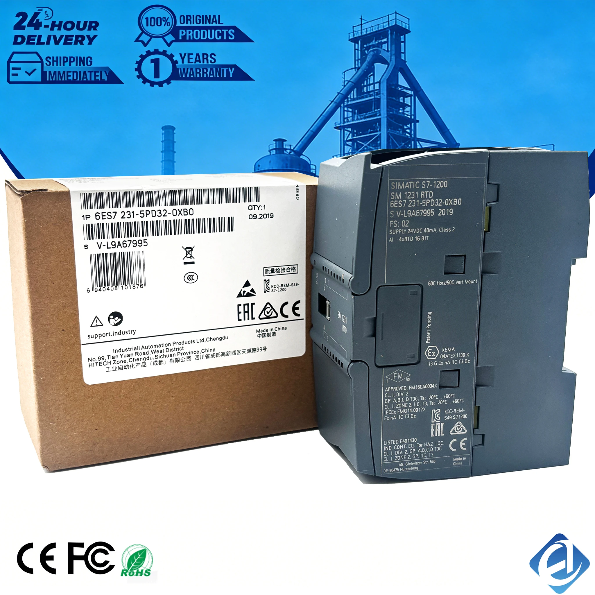 New Original 6ES7 231-5PD32-0XB0 6ES7231-5PD32-0XB0 thermal resistance input module for Siemens SIMATIC S7-1200 series, with 4 RTD channels for high-precision temperature measurement. Features stable signal acquisition
