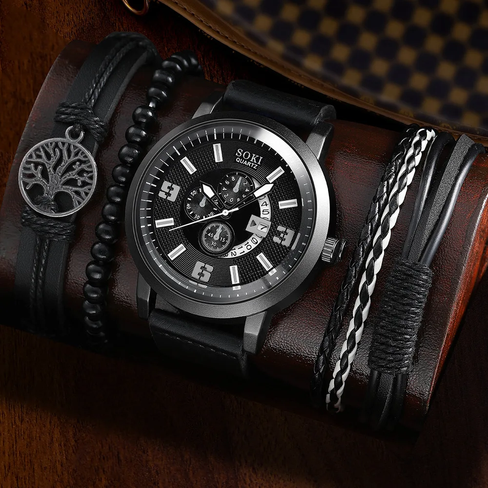 wholesale New men's business alloy quartz watch jewelry set SOKI fashion Bracelet Big Dial watch set for men