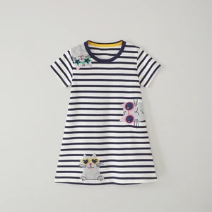 Knee-Length Summer for Girls Cartoon Cat Embroidered 100% Cotton A-line Fashionable New O-Neck Casual Button Children Clothes