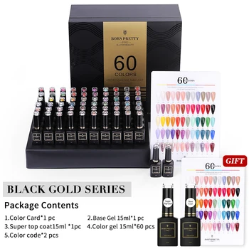 BORN PRETTY Pro 15ml Black Gold Series Professional 60 Colors Gel Nail Polish Set Collection Soak Off UV Gel with Base Top Coat