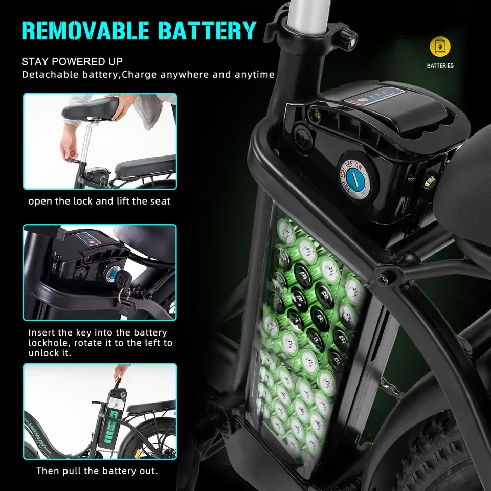 Hitway BK6S Electric Bike's removable battery feature displayed with instructions: unlocking and lifting the seat to access the battery, using a key to unlock the battery, and pulling the battery out, with an image of the exposed green and black battery cells.