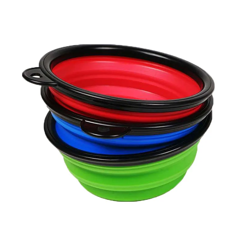 Outdoor Pet Travel Foldable Silicone Collapsible Portable Puppy Food Container Feeder Auto-Rounded Steel Bowl Dog's Water Food