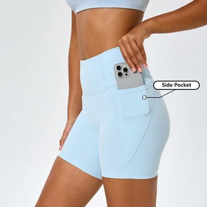 Solid No T-line Yoga Shorts with Pocket High Waist Sports Fitness Shorts for Women Elastic Waist Soft Stretch Gym Running Shorts