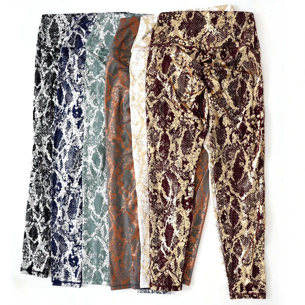 Free Sample Hot Sale Custom Yoga Women Leggings 4 Needles 6 Threads Snakeskin Animal Print Women Yoga Leggings Pants