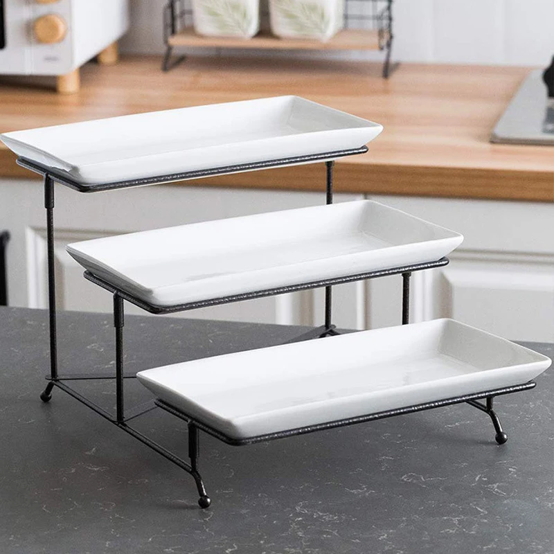 Ensemble Plateaux Service 3 Niveaux Blanc - Support Pliable Robuste Pour Apéritifs Desserts Fruits