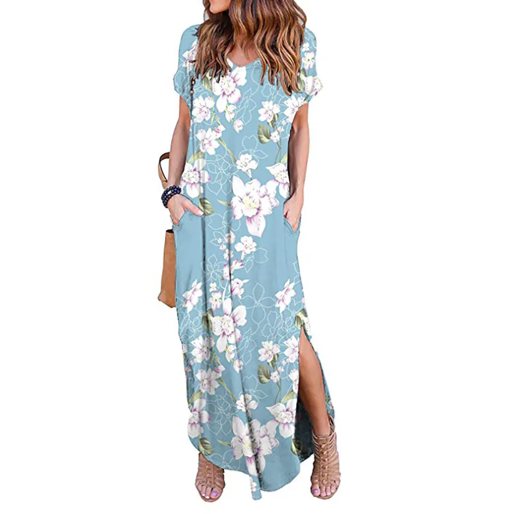 BELAROI Plus Size Maxi Dress - Black Sunflower Print V-Neck With Pockets, Loose Short Sleeve Summer Dress