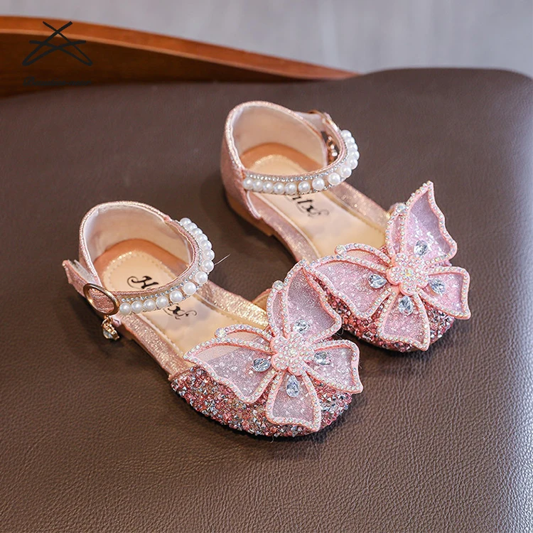 Zapatos brillantes con cuentas para niñas, sandalias de vestido de princesa  con perlas de mariposa, zapatos de moda para fiesta, nuevos