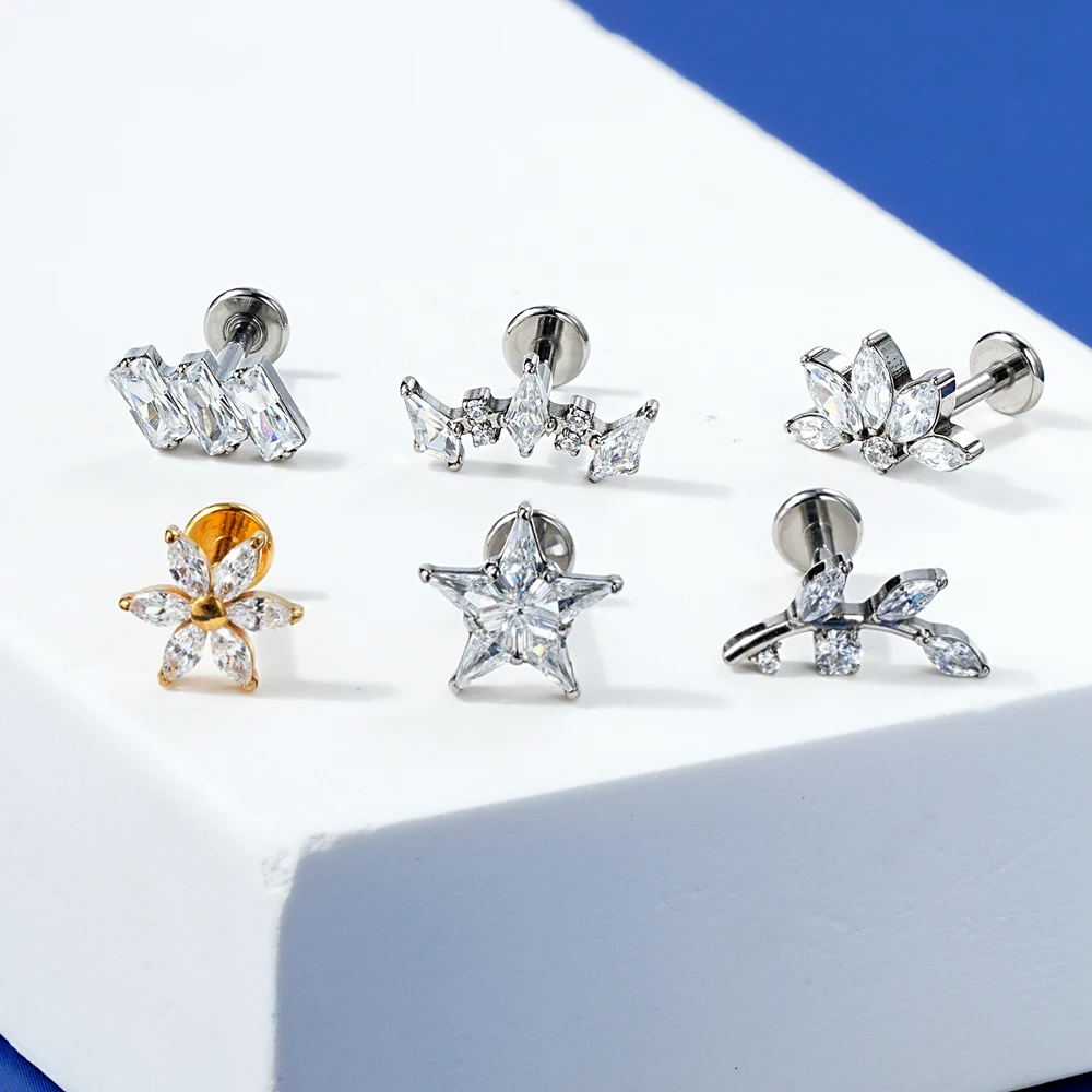 F136 Titanium Piercing Earrings CZ Internal Threaded Piercing Earrings Tragus Cartilage Flat Back Earring Stud Body Jewelry