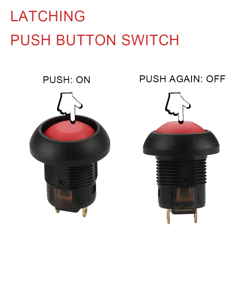 12MM Mounting Hole Moushroom Head Push Button Switch 2Pin Latching IP67 Waterproof Plastic Mini Push Button Switch Without LED