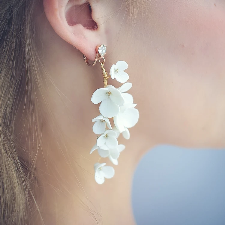 Elegant Handmade White Ceramic Flower Headdress Bridesmaid Bridal Accessories Jewelry Women Hair Combs Earrings