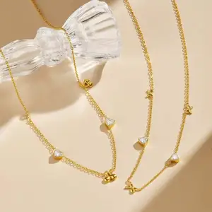 Dainty Cute Stainless Steel Chain Necklace Heart Cherry Zircon Pendant Necklace for Women Girls Gifts