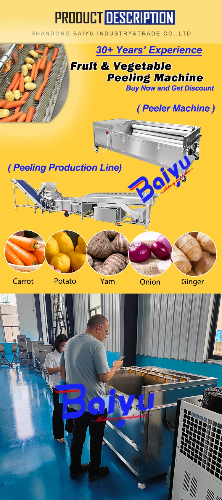 Baiyu 2024 New Style Brush Roll Vegetable Cleaning Peeling Machine/carrot Potato Taro Yam Sweet