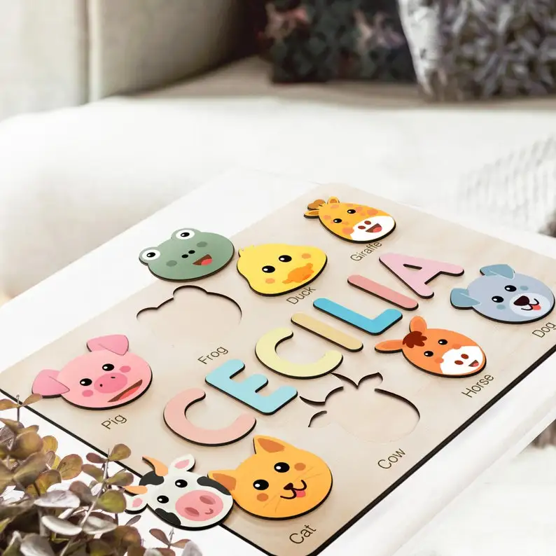 Customized Children Colorful Alphabet Name Puzzle Cute Animal Handmade Wooden Toy Puzzle for Kids Toys
