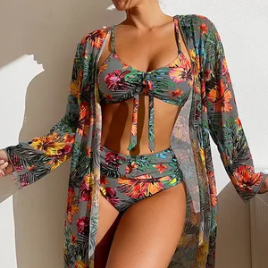 JSN9202103 2026  Factory Classical  Floral Print Box Bottom  Bikini With Long Sleeves Chiffon Sarong for Lady