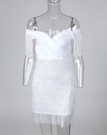 Party Wear Women Sleeveless Bodycon Dress Summer Fringe Tassel White Dresses