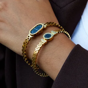 MW Waterproof 18K PVD Gold-Plated Stainless Steel Bangle Simple Design with Oval Round Acrylic Roman Numeral Watch Hinge Closure