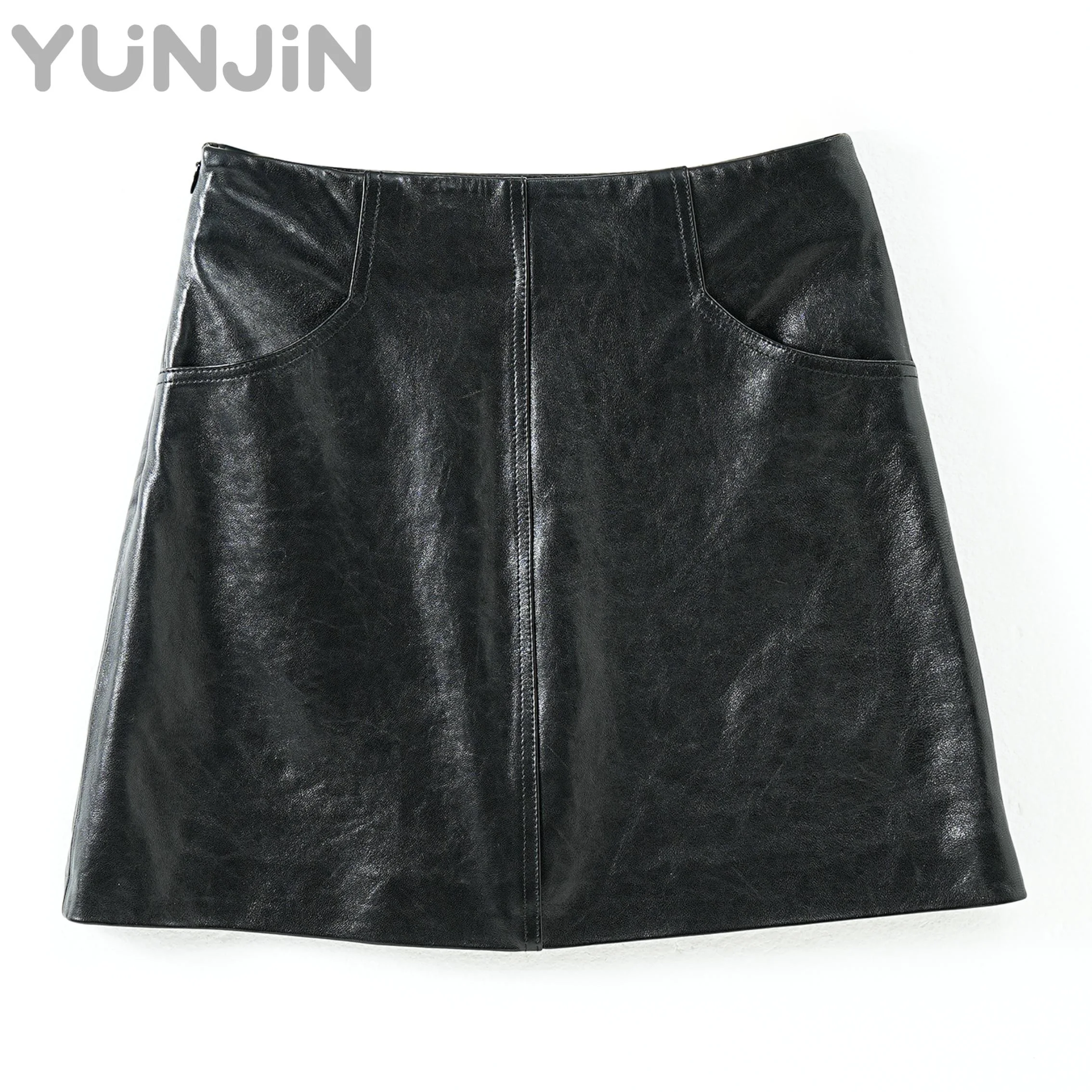 Women's Waxed Sheepskin Leather Skirt High Waisted A-line