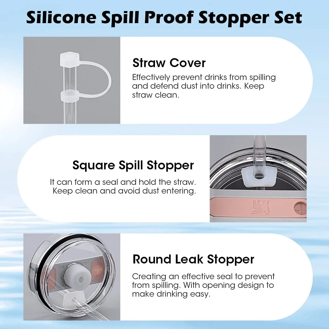  Spill Proof Stopper Set of 3, Silicone Spill Leak