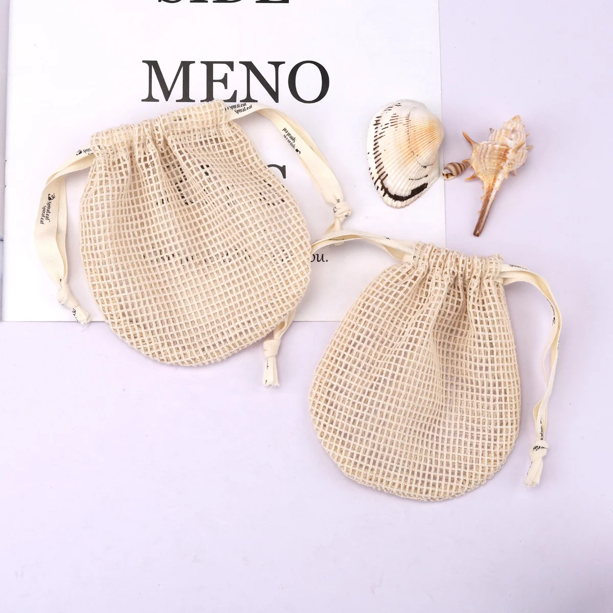 High Quality Cotton Mesh Drawstring Oval Soap Bag Reusable Custom Logo Cosmetic Mesh Pouch