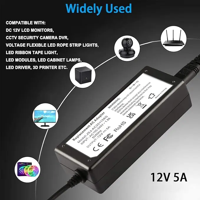 60W AC/DC Power Supply 12V5A LED Adapter LED Transformers for LED Strip Lights