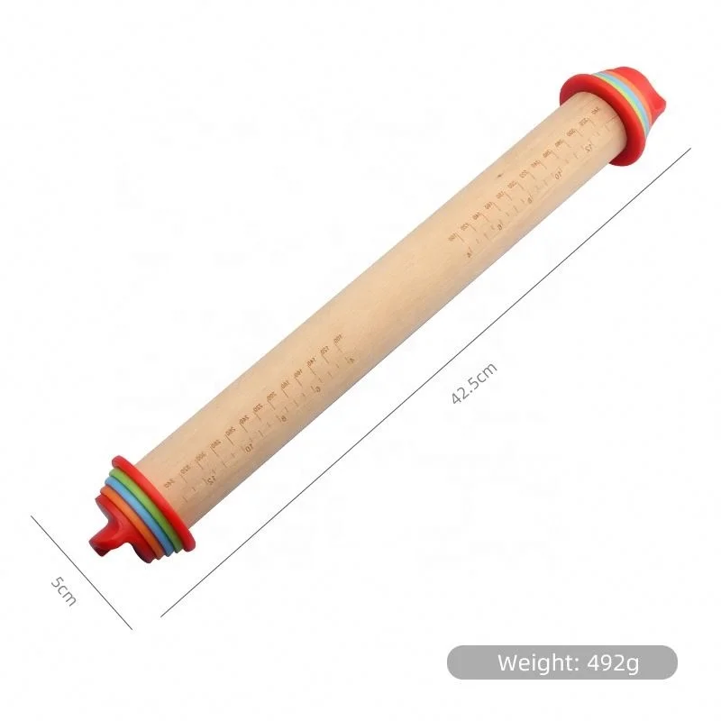 17inch Adjustable Wood Rolling Pin with Thickness Ring Pastry Chapati Fondant Dough Wood Roller Pin