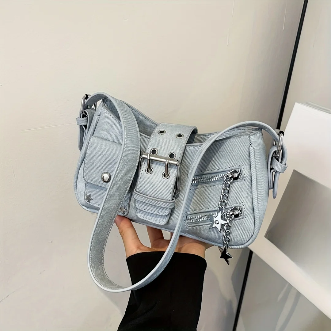 Chic Women's Y2K PU Denim Blue Casual Handbag with Rivet