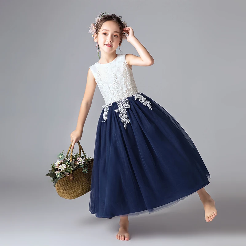 DMFGD Flower Girl Dresses for Year Olds Navy Blue Flower Girl Dresses  Full-Length Ball Gown Flower Girl Dress