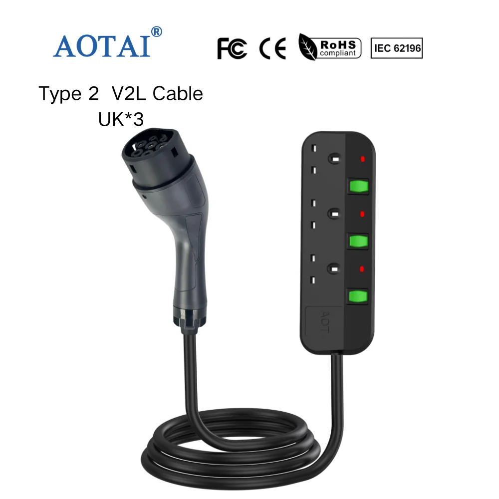 Kabel AOTAI typu 2 do brytyjskiego gniazda 3-gangowego, wersja V2L, nowy adapter do ładowania pojazdów elektrycznych dla BYD, MG, XPENG, Geely, AION, JAECOO, iCAR – przeznaczony do użytku na zewnątrz