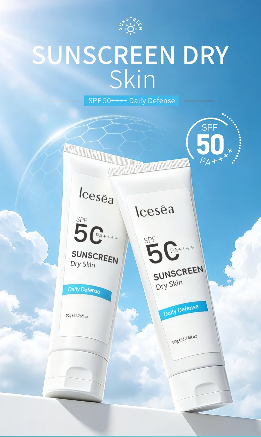 Private Label SPF50 PA++++ Sunscreen 50g Daily Defense For Dry Skin OEM(pic1)