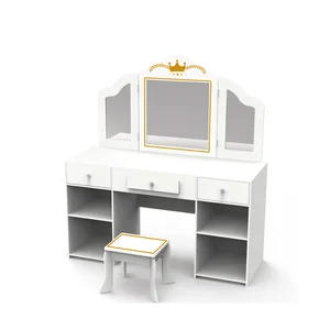 Wooden Table and Tri-Fold Mirror Chair Inspired Kitchen Girls Educational Makeup Play Set Role Play Toy for Kids