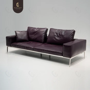 Dark Wine Red Leather Sofa Set Extra Wide Armrests Stainless Steel Stand  Living Room Furniture Leather Couch Living Room Sofa