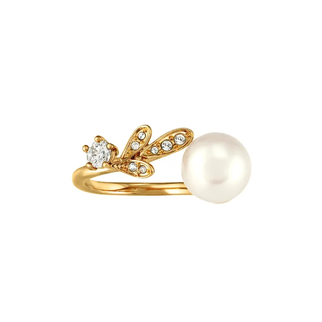 Chic French-Inspired Zircon Inlaid S925 Silver 14K Gold Plated Pearl Open Ring for Women