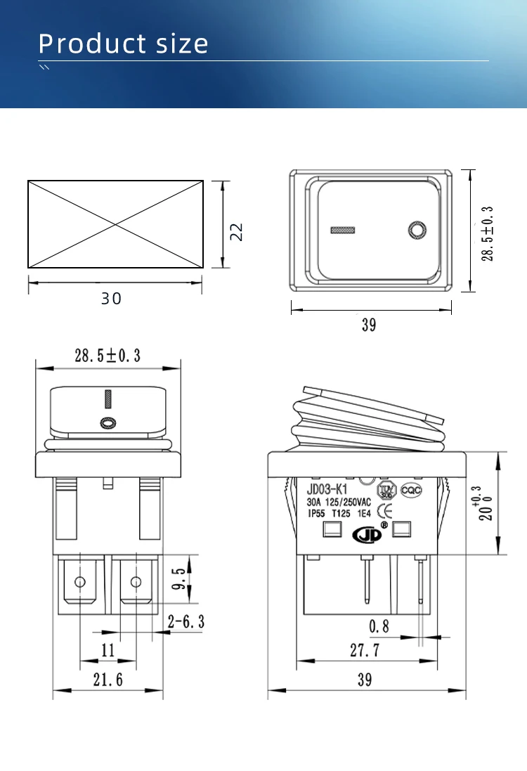 30x22 Heavy Duty Waterproof Rocker Switch 220V 30A 250VAC