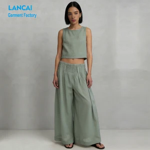 Custom Style New Design Clothing Manufacturers Linen Blend Cotton Women Casual Sets Sleeveless Top and Wide Leg Pant