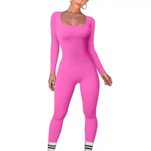 Customized High Quality Women's Fitness Jumpsuit Sexy U-Neck Long Sleeve Skin Tight Slim High Elastic Rib New Sports Bodysuits womens clothing