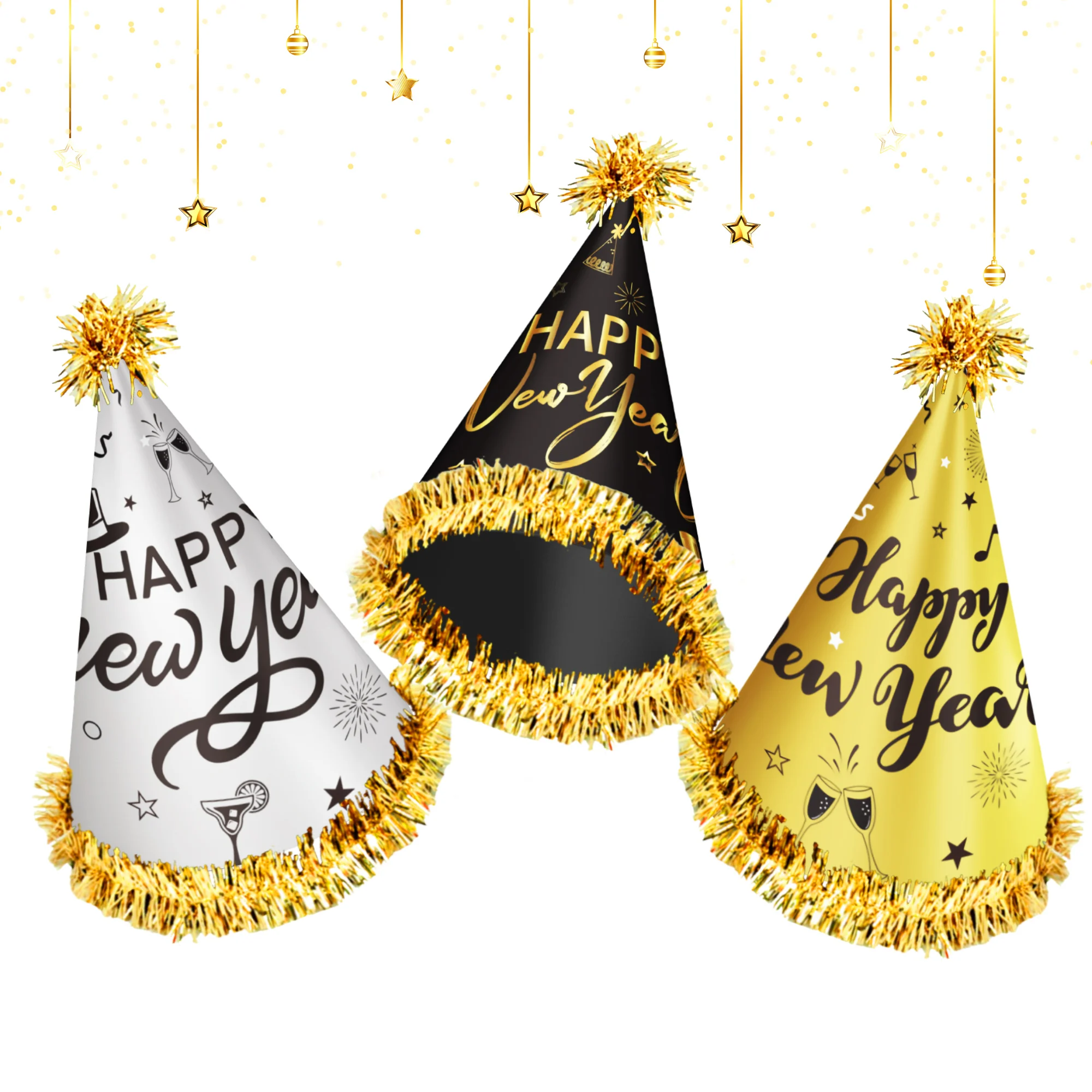 Huancai 6 Pcs Happy New Year Party Hats Black Gold Paper Cone Hat With   H00282e54ca374986bfda17677a78df7eC 