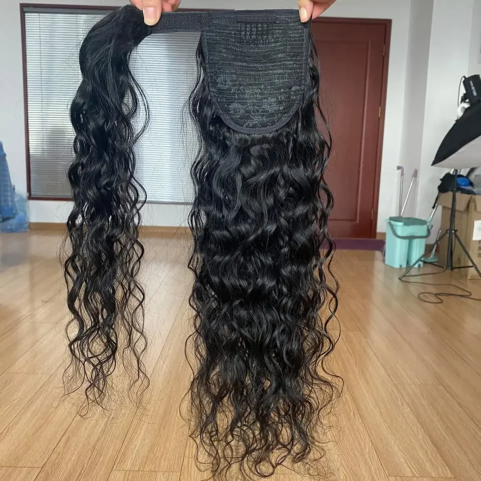 Tief gewellte Pferdeschwanz-Verlängerungen aus Echthaar, 35,6–66 cm, zum Anklipsen für Frauen, Nr. 1B_voghion.com