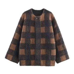 Vintage European American Winter New Women's Loose Casual Simple Long-sleeved Plaid Woven 100% Polyester Breathable Crew Sweater