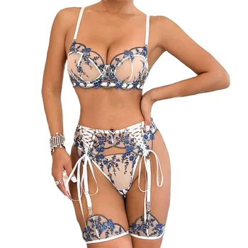New Arrival Women's Sexy Floral Embroidery Four-Piece Underwire Set See-Through Contrast Color Binding Underwear