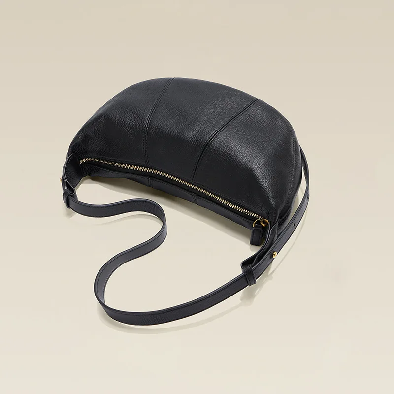 Full-grain Genuine Leather Zipper Closure Single Strap Summer 2026 Dumpling Croissant Womens Crescent Niche Crossbody High-end