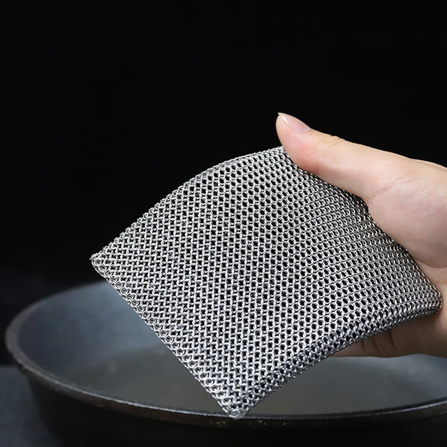 Stainless Steel Cast Iron Chainmail Scrubber Pan Pot Cleaning Brush with Silicon Insert