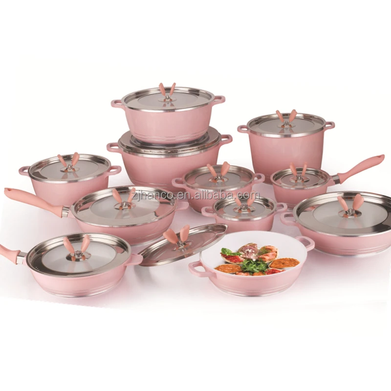 Nonstick Pink Cookware Sets With Induction 22 Pieces Soup Pot Set With