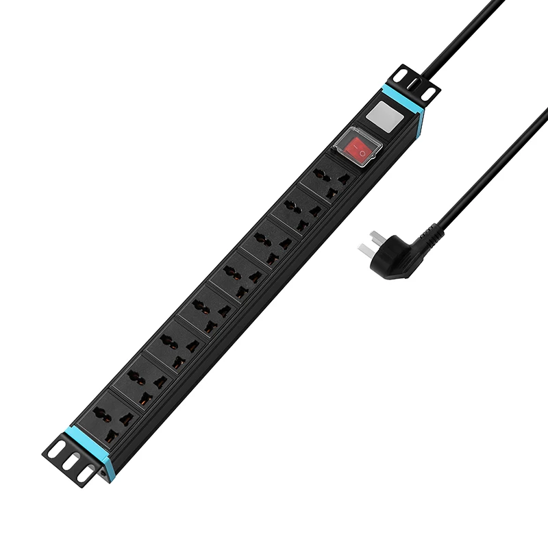 striscia di alimentazione PDU universale da 8 vie, montaggio a rack 1U, barra di rame integrata con coperchio dell’interruttore, estremità blu