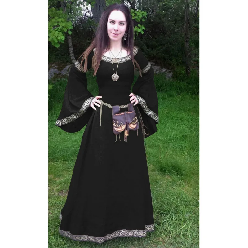 Robe Gothique Médiévale Pour Femme – Halloween, Cosplay – Longueur Ample, Manches Dentelle, Cape Incluse