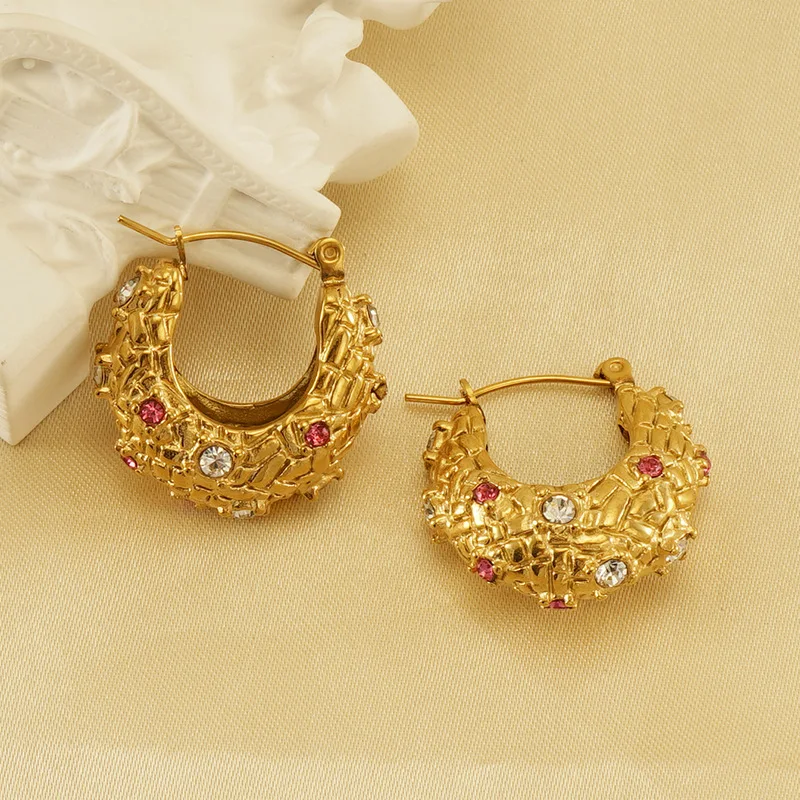 Qiuhan Stainless Steel Premium Sense Inlaid 18K Gold Earrings