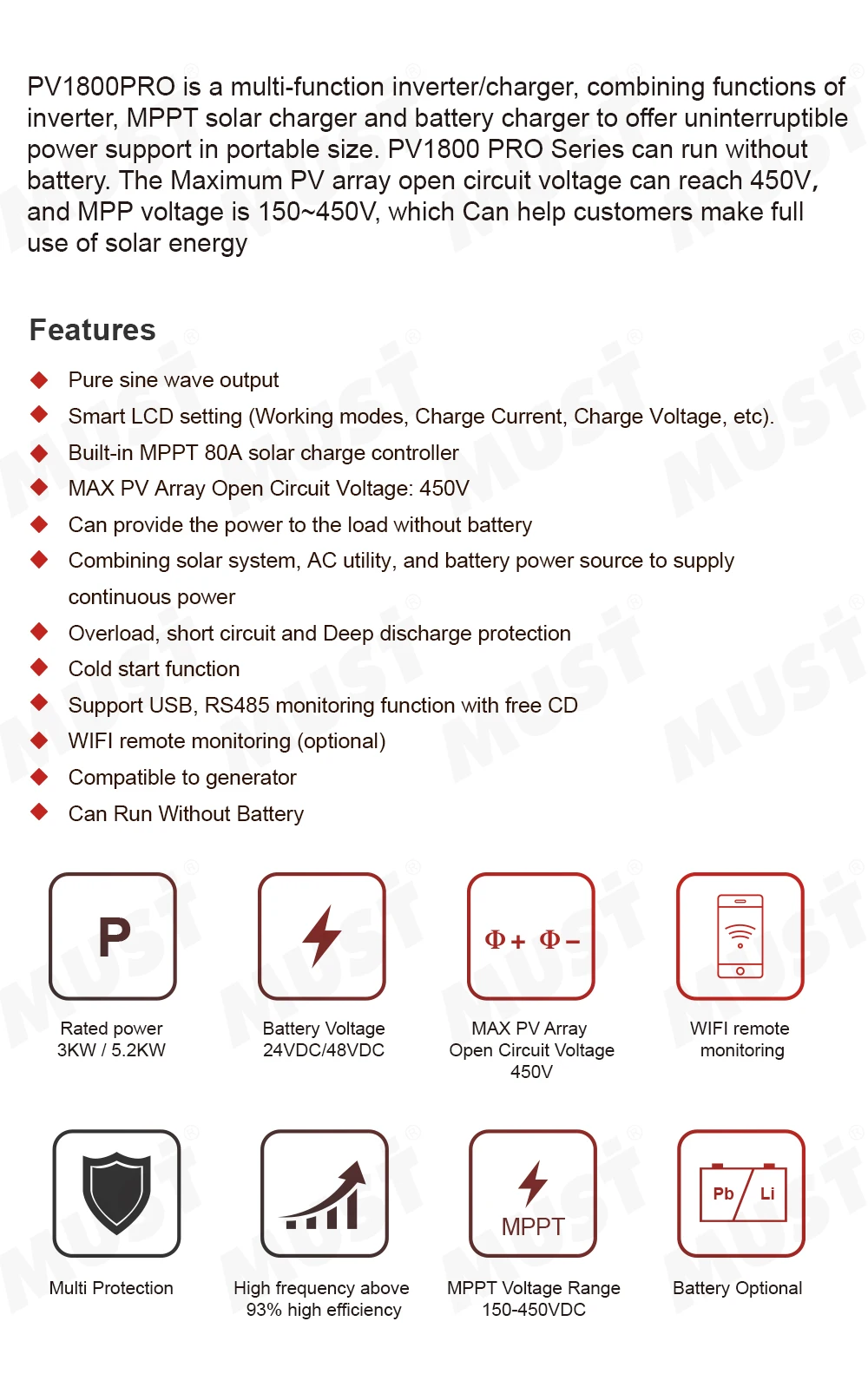 Must Must 3.5kw 5.5kw 5kva Mppt Hybrid 3kva 5kw Off Grid Pv Solar Power ...